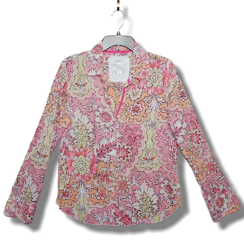 CINO Women's Medium Long Sleeve Button Front Shirt Top Pink Floral 100% Cotton